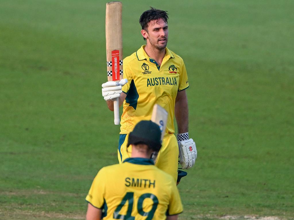 Mitch Marsh celebrates after his blistering century against Bangladesh. Picture: AFP Images