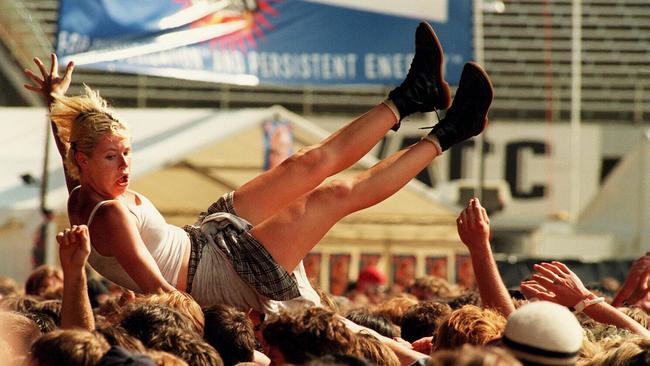 Crowd surfing during concert by Blink 182 at the Thebarton Theatre.