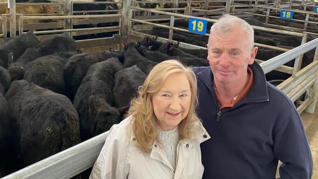 Cattle producers Heather and Dallas Campbell sold 28 Angus steers at the recent Leongatha store cattle sale. Picture: Madeleine Stuchbery