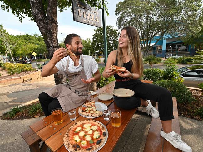 22/10/2021: one of the worldÃ¢â¬â¢s best Italian pizza chefs, Gianluca Donzelli shares a pizza with waitress Mikayla Shipley before they open at  Ã¢â¬ÅSomedaysÃ¢â¬Â  restaurant in Noosa Junction, on the Sunshine Coast.  He arrived from Naples two days before shutdown in 2020 .  Lyndon Mechielsen / The Australian