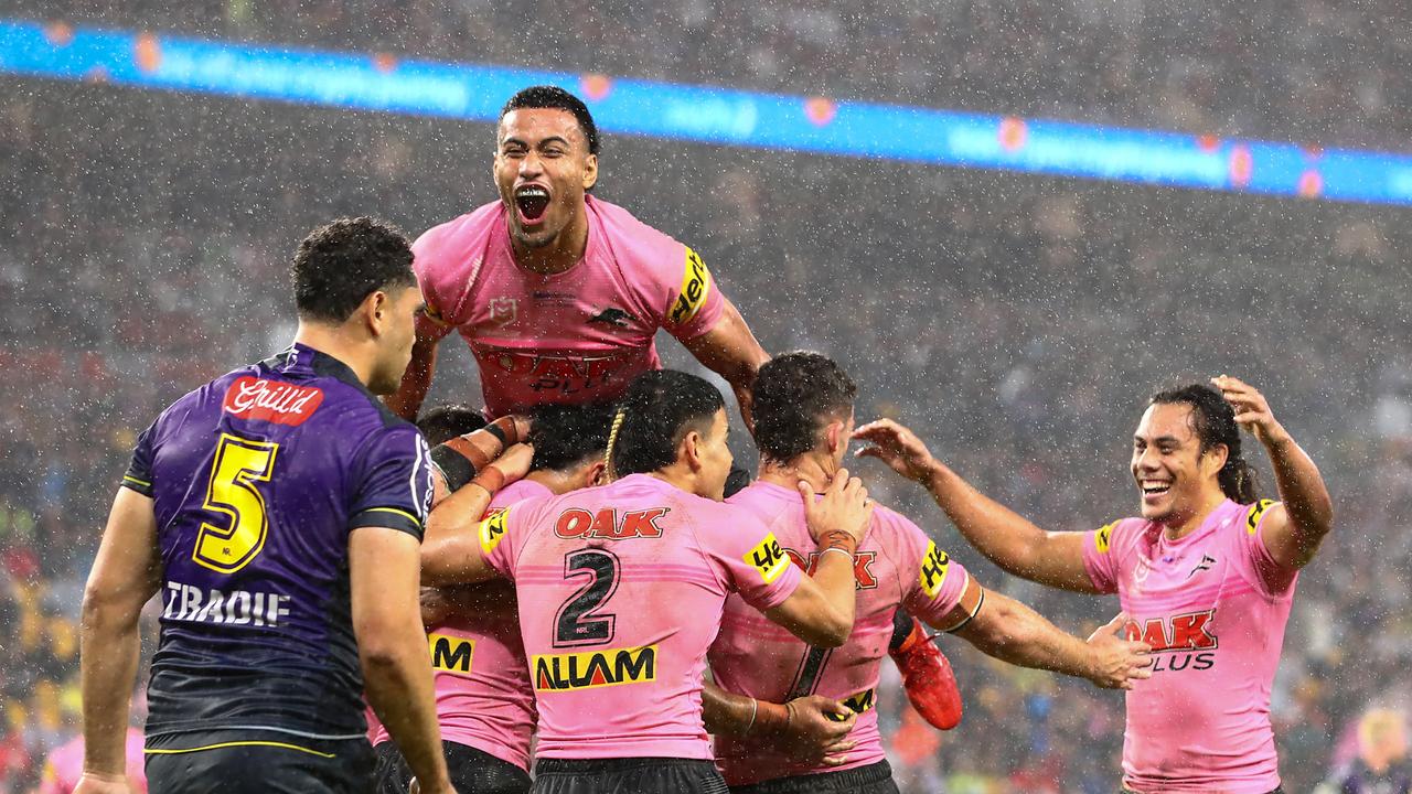BRISBANE, AUSTRALIA - MAY 14: Panthers celebrate a try during the round 10 NRL match between the Melbourne Storm and the Penrith Panthers at Suncorp Stadium, on May 14, 2022, in Brisbane, Australia. (Photo by Chris Hyde/Getty Images)