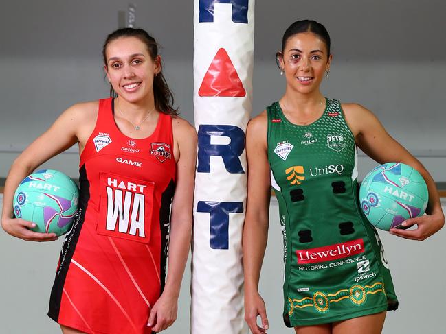 Preview pic for Sapphire Series Netball grand final clash on Sunday at Nissan Arena - Leesa Mi Mi (Cougars, red dress) and Chloe Litherland (Jets). Nathan Tuesday 25th July 2023 Picture David Clark