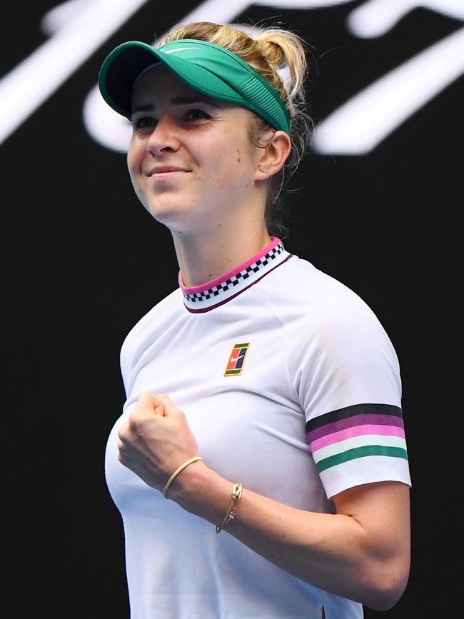 Svitolina celebrates with Monfils watching on. Picture: Getty