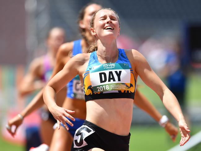 Riley Day of Queensland celebrates winning the womens 200 metres final during day four of the Australian Athletics Championships at Carrara Stadium on the Gold Coast, Sunday, February 18, 2018. (AAP Image/Darren England) NO ARCHIVING, EDITORIAL USE ONLY