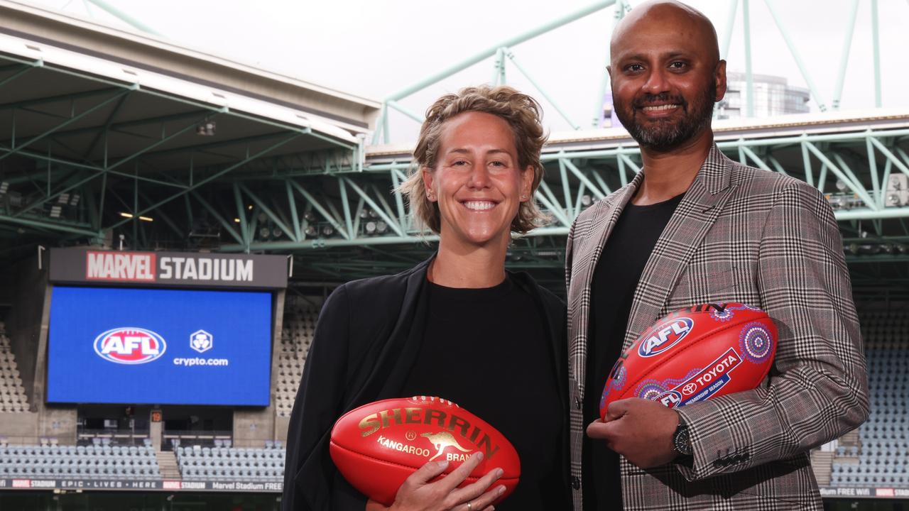 AFL executive general manager commercial Kylie Rogers and Crypto.com general manager Asia &amp; Pacific Karl Mohan. Picture: Jonathan Di Maggio