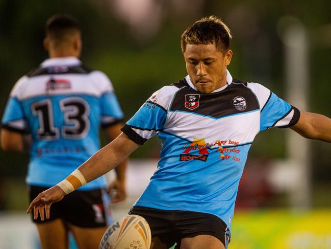 Sharks’ Dakota Marsh kicks off against Darwin Brothers. Picture: Che Chorley