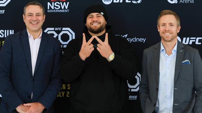 NSW Minister for Sport Steve Kamper, Tai Tuivasa, and UFC VP Dave Shaw in Sydney this week. Picture: Mark Evans/Zuffa LLC