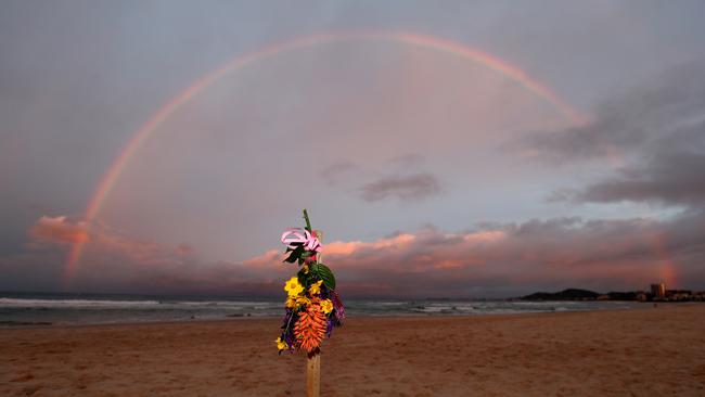 A rainbow is seen at Palm Beach where snowboarding legend Alex ‘Chumpy’ Pullin died on Wednesday. Picture: Chris Hyde/Getty Images