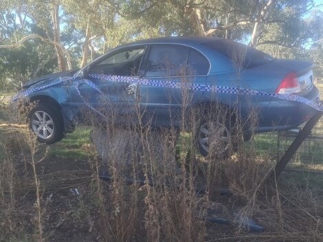 At 10.30pm on Sunday 9 April, an 18-year-old Clare man was lucky to escape injury after losing control of his vehicle on Jolly Way, Sevenhill, before coming to a stop on top of a tree stump.  Picture: SA Police