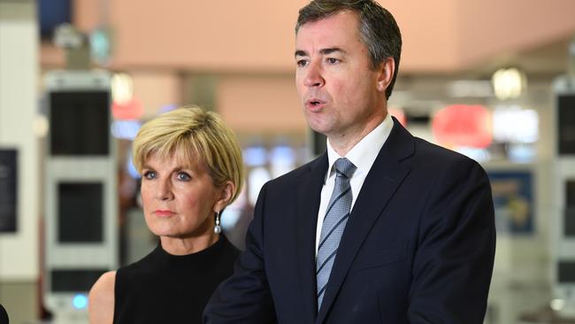 New Human Services Minister Michael Keenan with Foreign Affairs Minister Julie Bishop. Picture: AAP