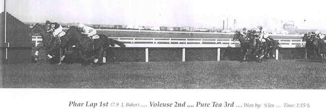 A picture of jockey Jack Baker as he rides racehorse Phar Lap to win the Rosehill Maiden Juvenile Handicap at Rosehill on April 27, 1929.