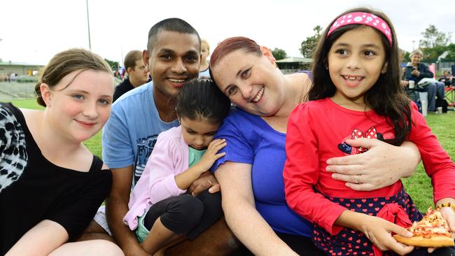 Ipswich families welcomed 2014 with a free community celebration at North Ipswich Reserve. From left, Natalie Taylor, 12, Steve Solomon, Elisha Solomon, 4, Kim Solomon, and Olivia Solomon, 6. Picture: David Nielsen
