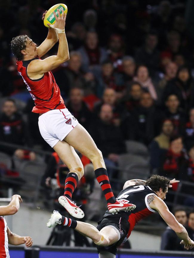 Essendon’s Joe Daniher took home the prize for this grab over St Kilda’s Jake Carlisle. Picture: Michael Klein