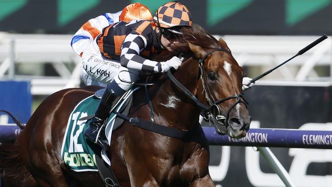 MELBOURNE , AUSTRALIA. March 2 , 2024.  Flemington Races . Race 8. The Australian Guineas.    Southport Tycoon ridden by Jamie Kay wins the Australian Guineas  . Pic: Michael Klein