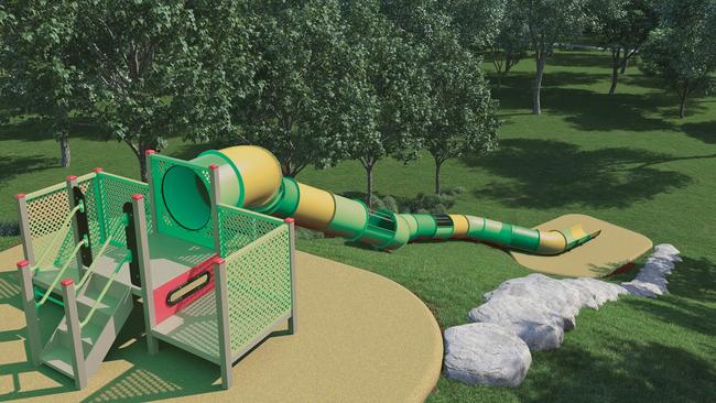 Digital impressions of the new Green Machine slide and landscaping designs at Parliament Street Reserve. Picture: Supplied