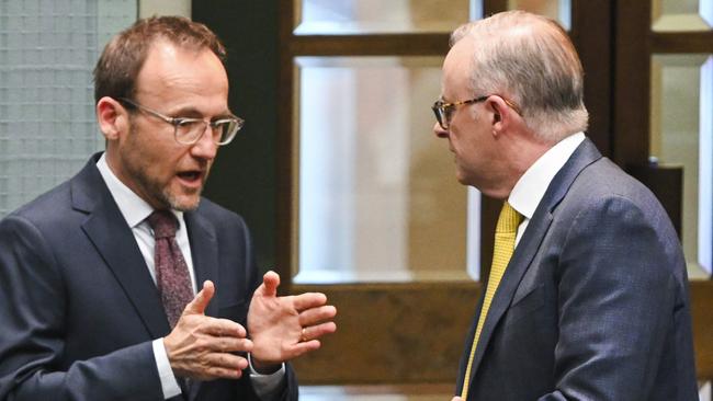 Greens leader Adam Bandt with Anthony Albanese. Picture: NCA NewsWire / Martin Ollman