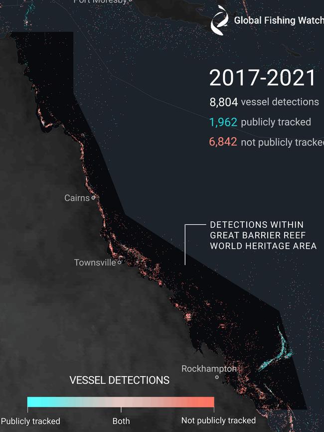 Detections of vessel occurrences classified as likely fishing boats during 2017-2021. The numbers refer to detections inside the Great Barrier Reef World Heritage Area (darker area). Picture: Global Fishing Watch