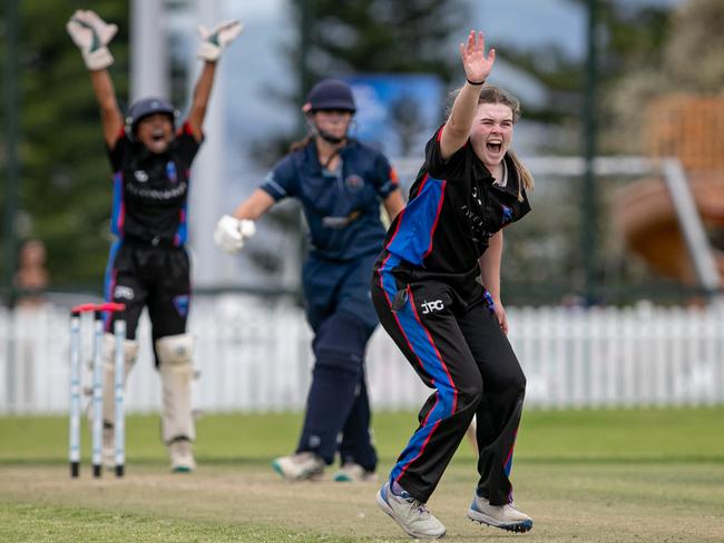 Nicola Hudson makes a successful appeal for LBW against Eve Burke. Picture: Julian Andrews