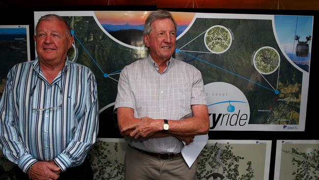 Well known Gold Coast businessmen came together in 2014 to propose building Skyride from Neranwood to Springbrook – Pictured was consortium members Bruce Mathison and Terry Jackman Picture: David Clark