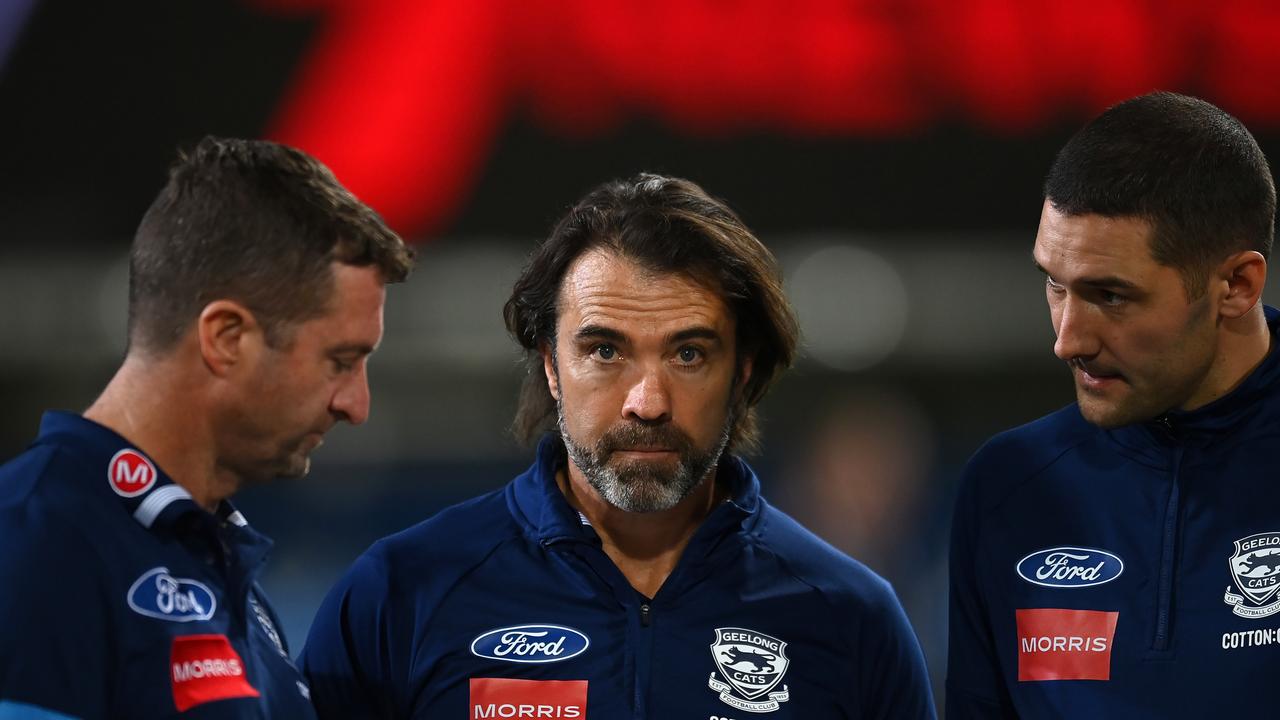 BRISBANE, AUSTRALIA - JULY 22: Geelong Cats head coach Chris Scott looks on during the round 19 AFL match between Brisbane Lions and Geelong Cats at The Gabba, on July 22, 2023, in Brisbane, Australia. (Photo by Albert Perez/AFL Photos via Getty Images)