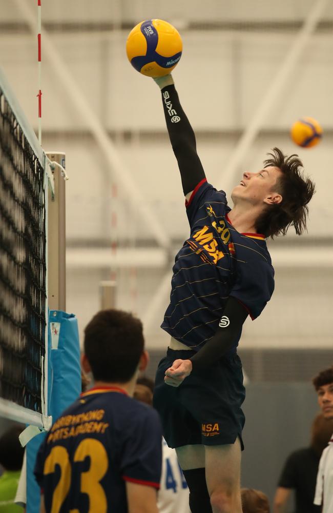 Australian Volleyball Schools Cup at the Gold Coast Sports &amp; Leisure Centre. Year 11 boys, Maribyrnong V Mazenod. Maribyrnong player M Armstrong. Picture Glenn Hampson