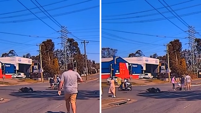 The third teen sped off on another scooter,leaving the injured men on the ground. Source: DashCamOwnersAustralia/Facebook
