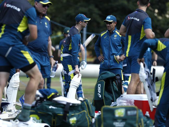 Steve Smith speaks with Justin Langer during the Australia Nets Session at Edgbaston. Picture: Ryan Pierse/Getty Images