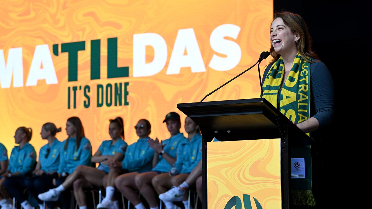 Federal Sport Minister Anika Wells speaks as Matildas fans gather to show their support at a community reception in Brisbane. Picture: Dan Peled / NCA NewsWire