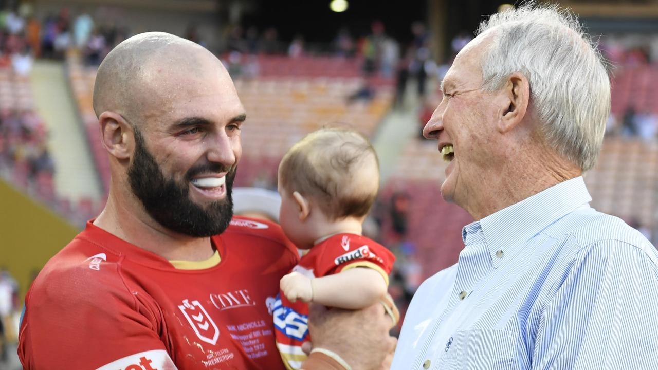 Dolphins coach Wayne Bennett with Mark Nicholls. Picture: NRL Photos