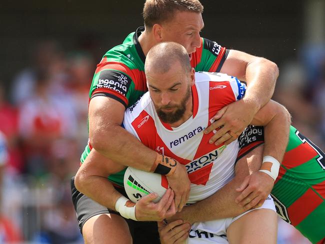 MUDGEE, AUSTRALIA - FEBRUARY 22: Clinton Gutherson of the Dragons is tackled during the 2025 NRL Pre-Season Challenge Charity Shield match between St George Illawarra Dragons and South Sydney Rabbitohs at Glen Willow Sporting Complex on February 22, 2025 in Mudgee, Australia. (Photo by Mark Evans/Getty Images)