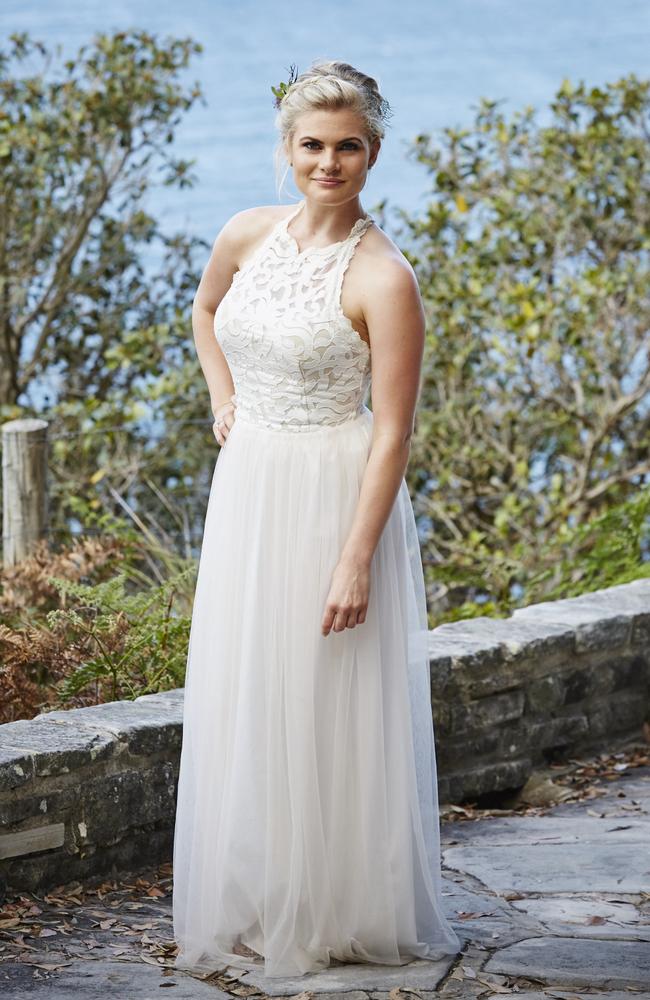 Bride of the Bay, Ricky Sharpe, played by Bonnie Sveen, wears a Grace Loves Lace gown. Picture: Supplied/Seven.