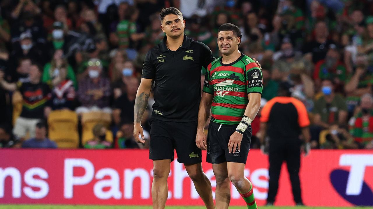 Latrell Mitchell consoles Cody Walker after the 2021 NRL Grand Final. Picture: Adam Head