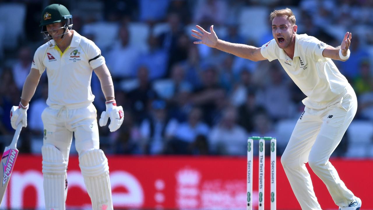 LEEDS, ENGLAND - AUGUST 23: Stuart Broad of England celebrates dismissing David Warner of Australia during day two of the 3rd Specsavers Ashes Test match between England and Australia at Headingley on August 23, 2019 in Leeds, England. (Photo by Gareth Copley/Getty Images)