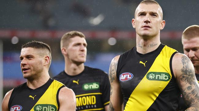 MELBOURNE, AUSTRALIA - JULY 30: Dustin Martin of the Tigers looks dejected after the round 20 AFL match between Richmond Tigers and Melbourne Demons at Melbourne Cricket Ground, on July 30, 2023, in Melbourne, Australia. (Photo by Daniel Pockett/Getty Images)