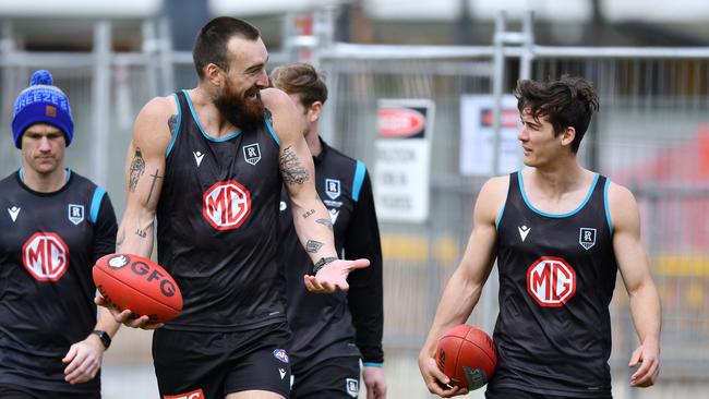 Charlie Dixon and Connor Rozee at Port Adelaide training. Picture Mark Brake