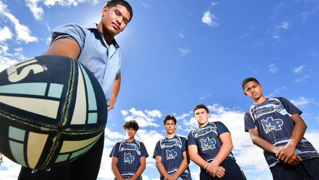 Alex Leapai, Jordan Tuuga-Stevenson, Riley Baker, Benji Quinlan and Daniel Ratuere from Mabel Park State High School. Picture, John Gass