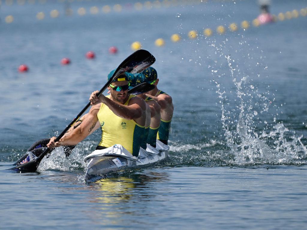 Australia's Riley Fitzsimmons, Pierre Van Der Westhuyzen, Jackson Collins and Noah Havard in action in the K4 final. Picture: Olivier Morin / AFP