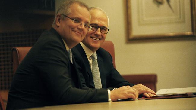 The Treasurer Scott Morrison with the Prime Minister Malcolm Turnbull during an Expenditure Review Committee Meeting in the Cabinet Room of Parliament House in Canberra. Picture Gary Ramage