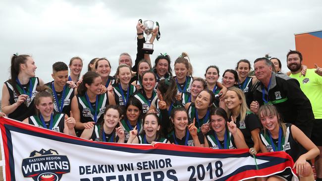 Donvale celebrates with the Division 2 flag   Picture: Hamish Blair