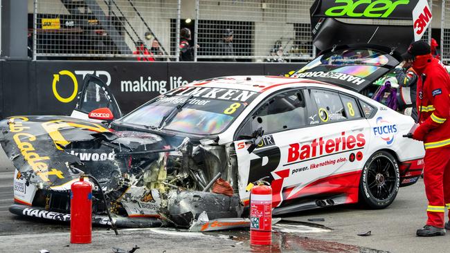 Heimgartner’s car after colliding with Randle in his Castrol Racing Ford Mustang. Picture: Daniel Kalisz/Getty Images