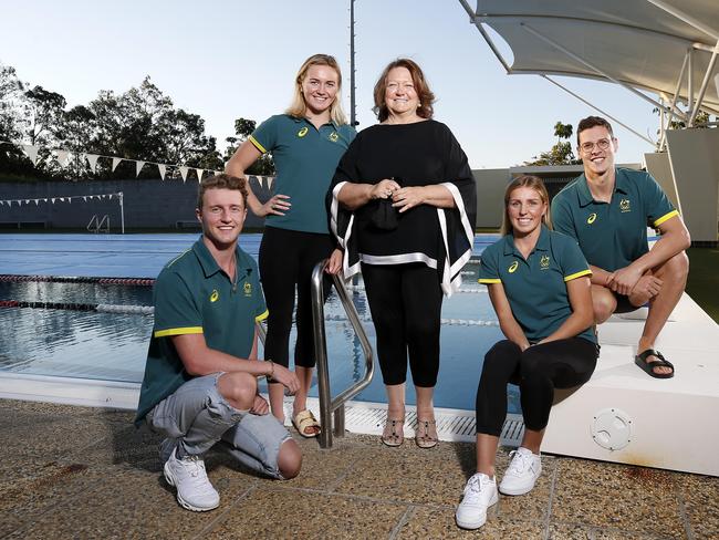 Elijah Winnington, Ariarne Titmus, Gina Rhinehart, Abbey Harkin and Mitch Larkin pictured at St Peters Swimming Pool, Brisbane 26th of August 2021.  Gina has been nominated for an entrepreneur award.   (Image/Josh Woning)