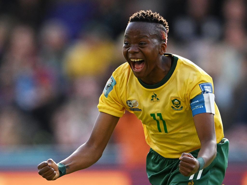 Veteran striker Thembi Kgatlana of South Africa celebrates her team's goal against Argentina at Dunedin Stadium. Picture: Joe Allison/Getty Images)