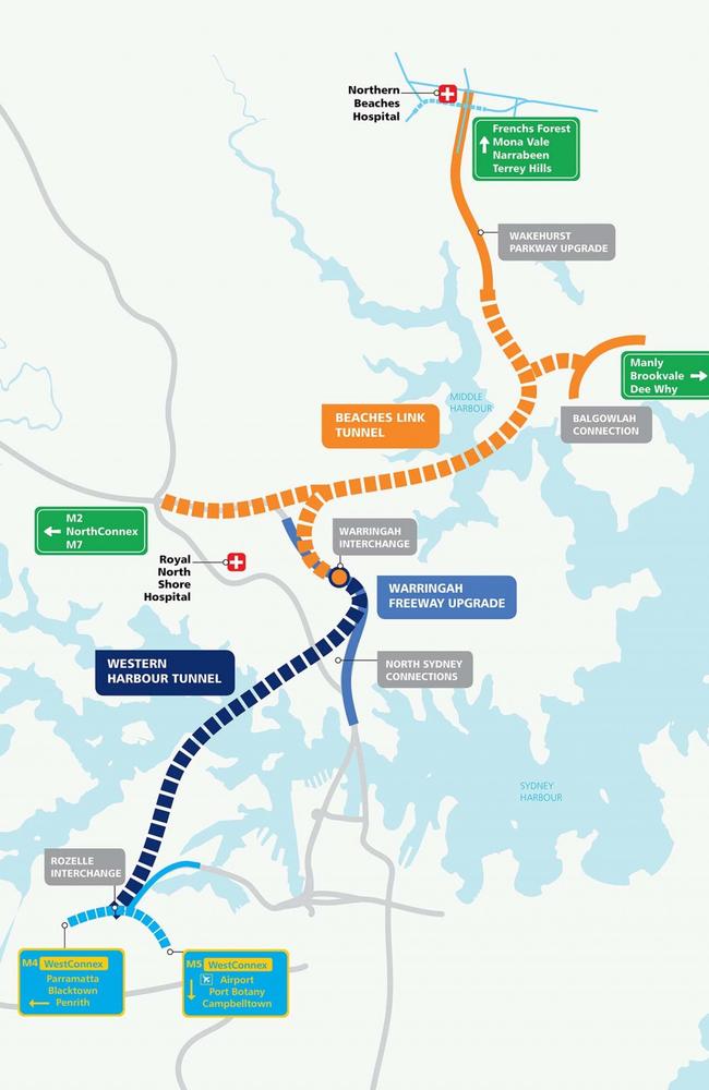 The Beaches Link and Western Harbour Tunnel routes. Picture: Transport for NSW