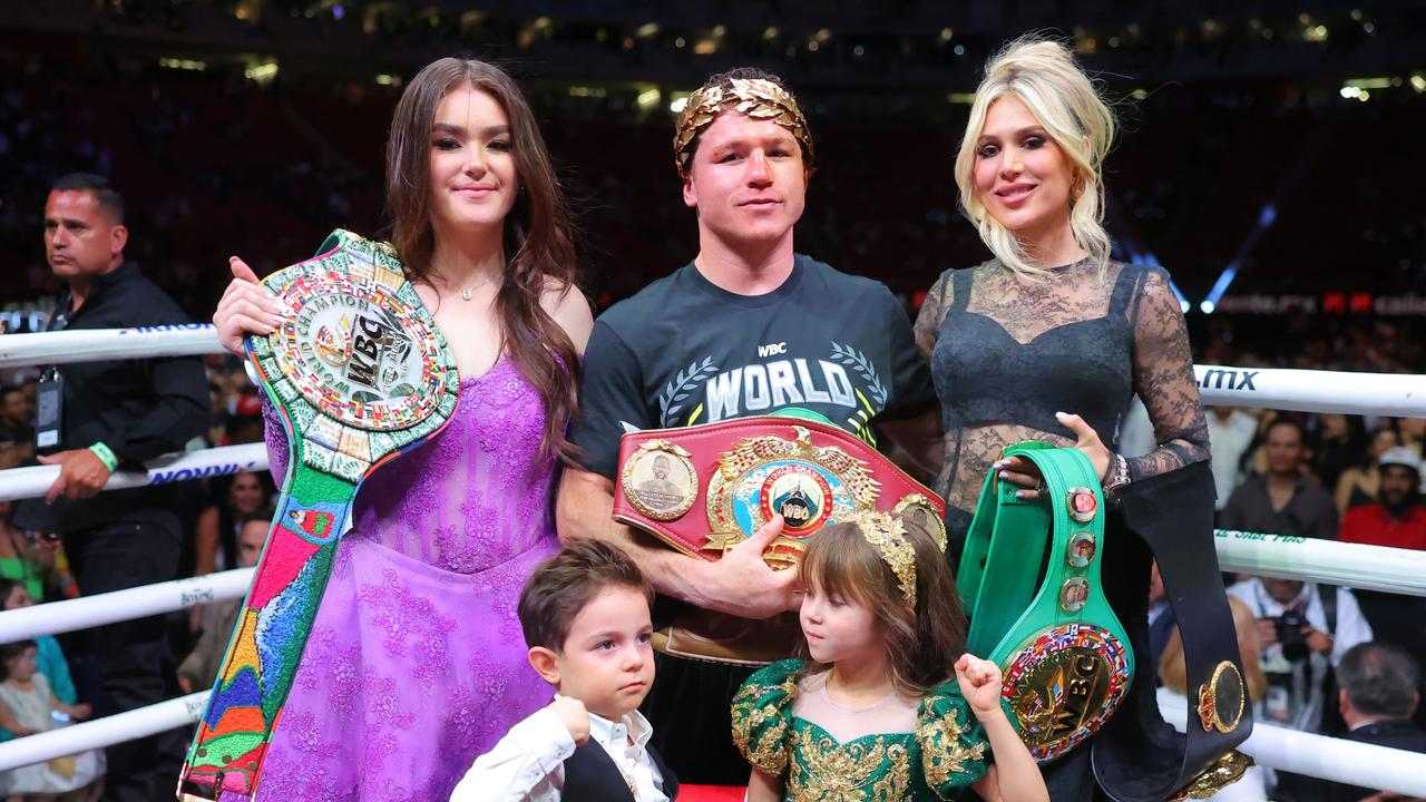 ZAPOPAN, MEXICO - MAY 06: Canelo Alvarez celebrates with his family after the fight for the Super Middleweight Championship against John Ryder at Akron Stadium on May 06, 2023 in Zapopan, Mexico. Alvarez defeated Ryder by unanimous decision. (Photo by Hector Vivas/Getty Images)