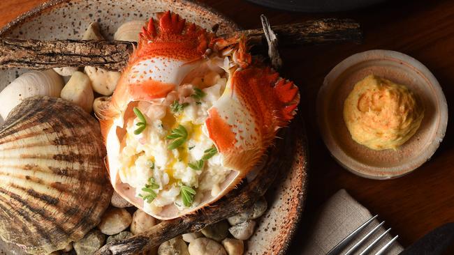 Spanner crab dressed with crème fraiche and finger lime served in shell. Picture: Josie Hayden