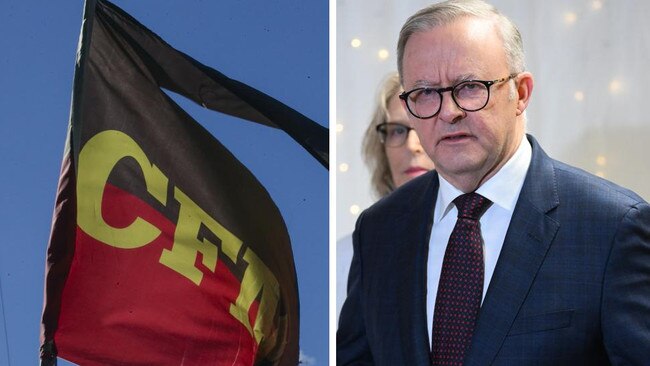 CFMEU flag and Prime Minister Anthony Albanese. Picture: NewsWire