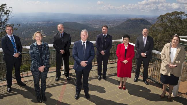 Principals of boarding schools across the Darling Downs (from left) Simon Lees of Toowoomba Anglican School, Linda Evans of Fairholme College, Adrian Wiles of Concordia, Peter Hauser of Toowoomba Grammar School, Stephen Koch of Downlands College, Tanya Appleby of St Ursula's College, Kyle Thompson of Scots PGC College and Sharon Collins of St Saviour's College call on authorities to grant border movement exemptions for rural NSW students and their parents, Wednesday, August 26, 2020. Picture: Kevin Farmer