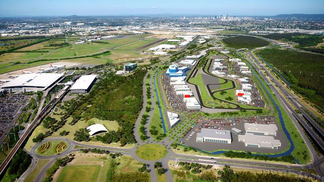 Artist’s impression of the BNE Auto Mall, with Mark Skaife-designed racetrack, set to open at Brisbane Airport in 2020.