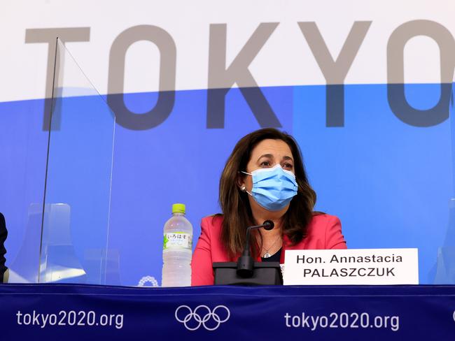 Queensland Premier Annastacia Palaszczuk speaks at a press conference at the press centre in Tokyo after she successfully bid to hold the 2032 Olympics in Brisbane. Picture: Adam Head