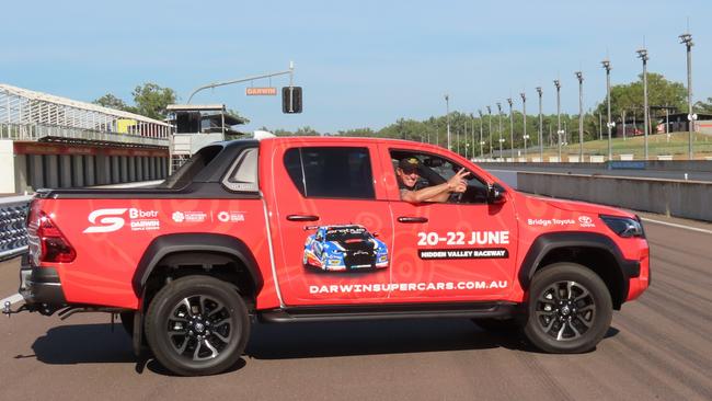 Shannon Noll in the Supercars ute at Hidden Valley Raceway ahead of his Supercars Darwin Triple Crown concert on June 21st. Picture: Aden Hill
